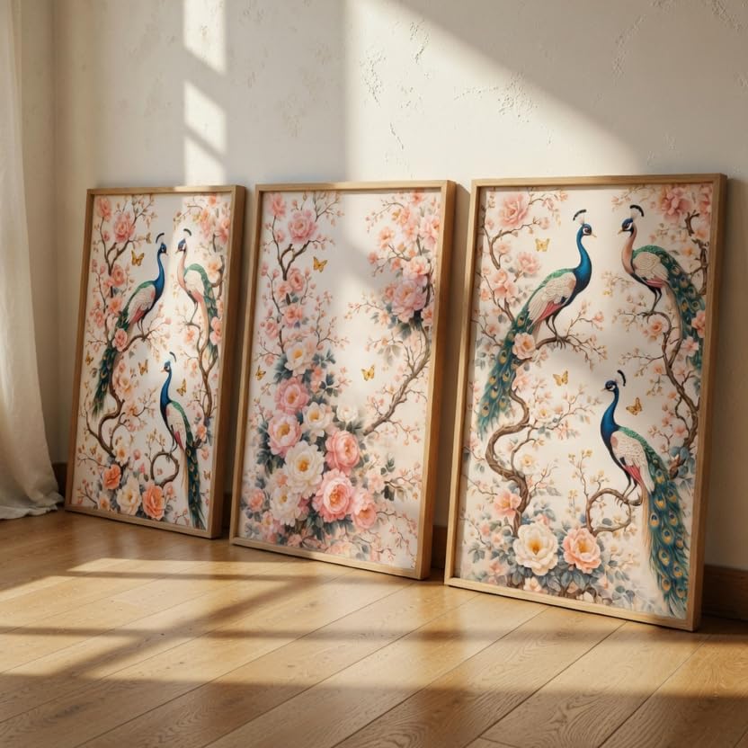 Peacock Floral Wall Painting Set of 3 with Wooden Frames | Elegant Bird & Blossom Artwork HD Sparkle Laminated MDF Wall Decor | Botanical Peacock Wall Art for Living Room Bedroom Hallway