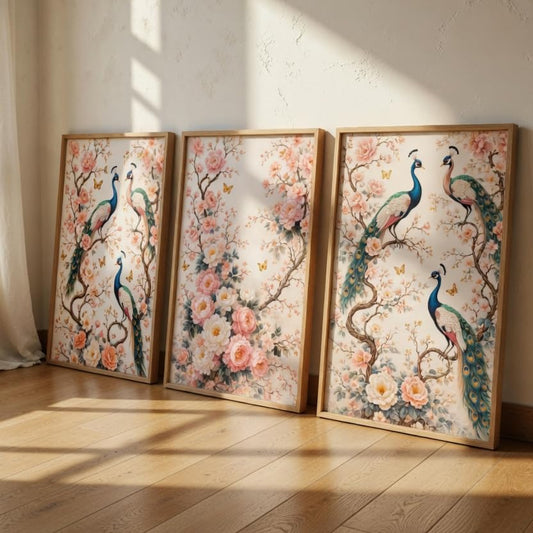 Peacock Floral Wall Painting Set of 3 with Wooden Frames | Elegant Bird & Blossom Artwork HD Sparkle Laminated MDF Wall Decor | Botanical Peacock Wall Art for Living Room Bedroom Hallway