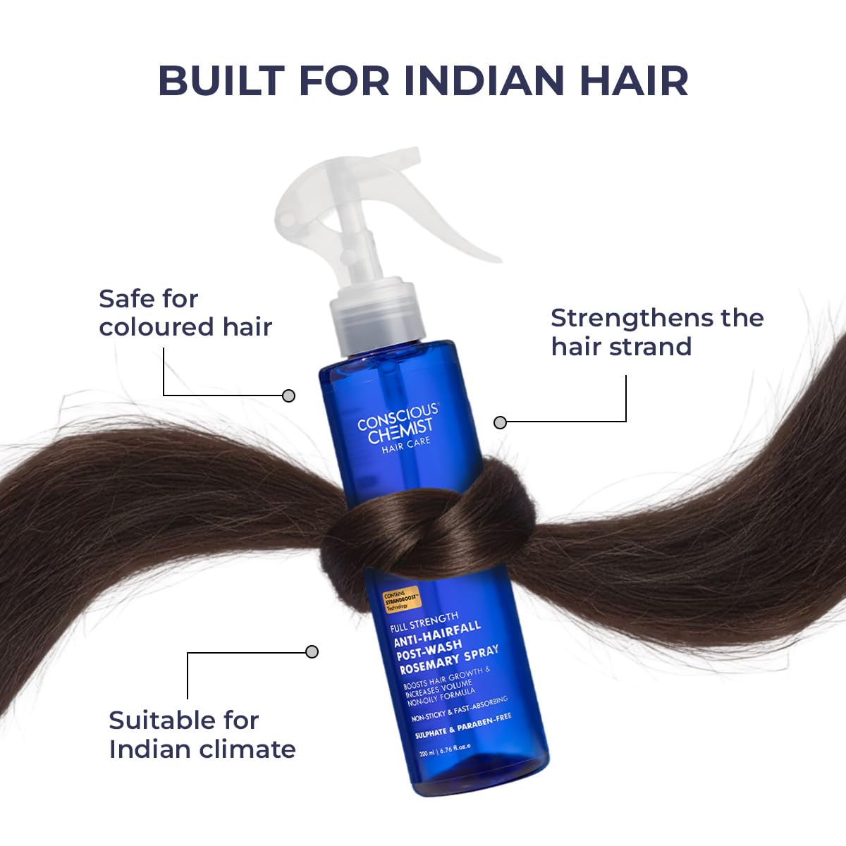 Blue hair care product with text highlighting features for Indian hair on a white background