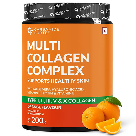 Carbamide Forte Multi Collagen Supplements for Women & Men | Multi Collagen powder with All 5 Types of Peptides Included - TYPE I, II, III, V, X | Orange Flavour - 200g