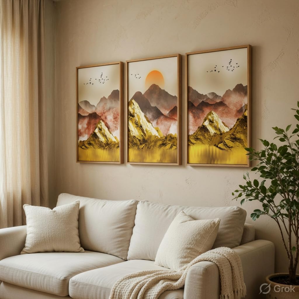 Golden Mountain Landscape Wall Painting Set of 3 with Wooden Frames | Abstract Sunrise Mountain Artwork HD Sparkle Laminated MDF Wall Decor | Modern Nature Wall Art for Living Room