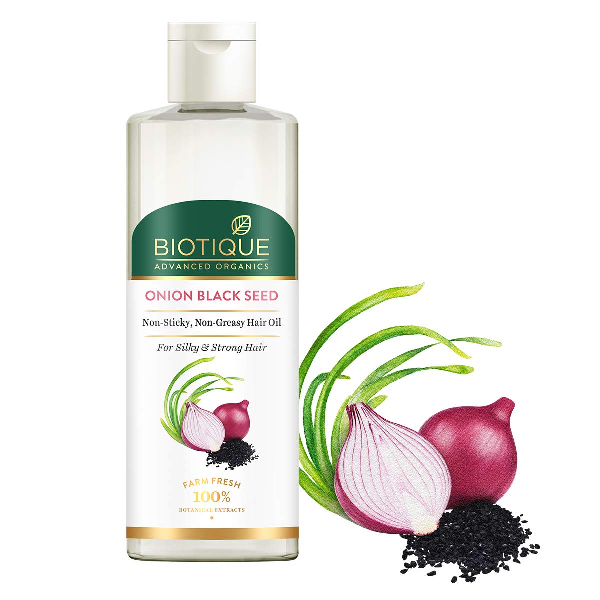 Biotique Onion Black Seed hair oil bottle with ingredients on a white background