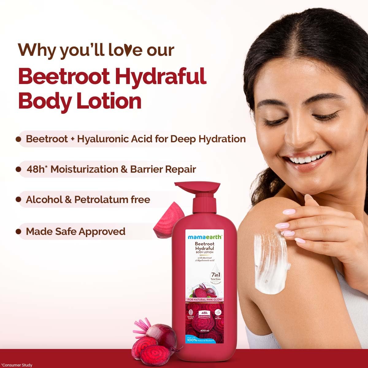 Mamaearth Beetroot Hydraful Body Lotion with Beetroot & Hyaluronic Acid & for Natural Pink Glow - 400 ml Beetroot + Hyaluronic Acid for Deep Hydration | 48 hrs* Moisturization & Barrier Repair | Alcohol & Petrolatum free | Made Safe Approved