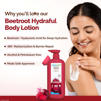 Mamaearth Beetroot Hydraful Body Lotion with Beetroot & Hyaluronic Acid & for Natural Pink Glow - 400 ml Beetroot + Hyaluronic Acid for Deep Hydration | 48 hrs* Moisturization & Barrier Repair | Alcohol & Petrolatum free | Made Safe Approved