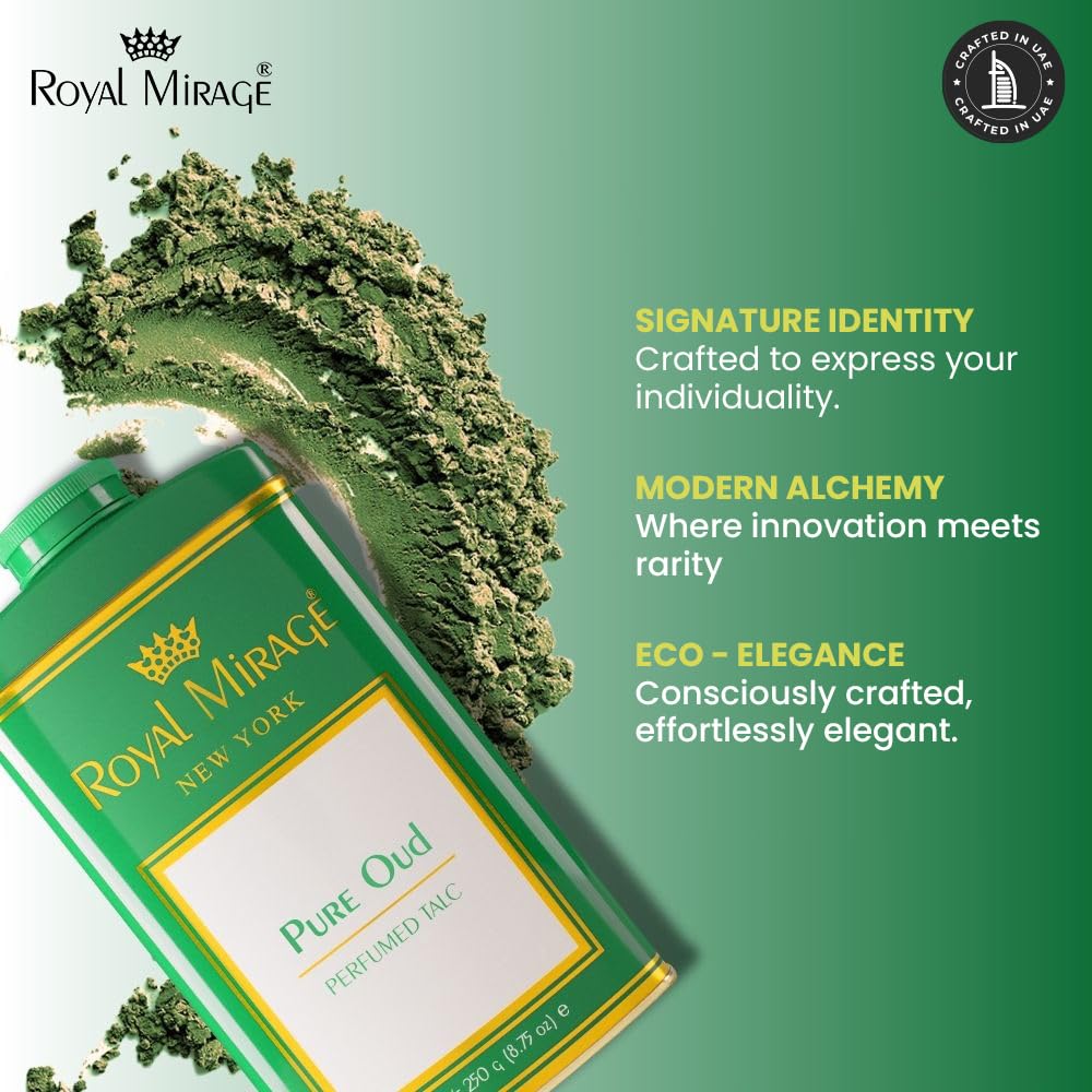 Royal Mirage Pure Oud Talc Powder | Long-Lasting Unisex Fragrance | Oud, Leather & Saffron Notes | Bold & Captivating Luxury Scent | Exotic & Sophisticated Skin Freshness | Gift for Men & Women | 250g