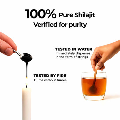 Advertisement for 100% pure shilajit with testing methods shown.