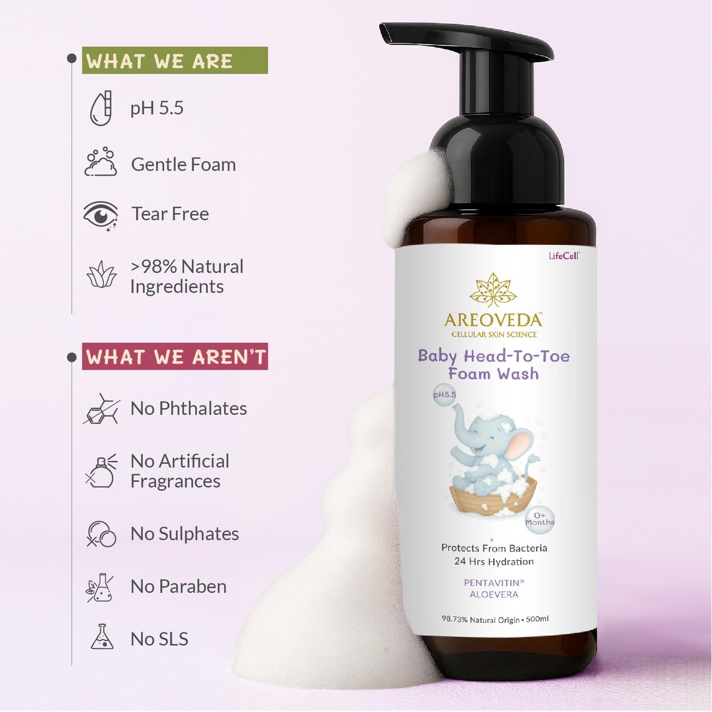 AreoVeda Baby Head-To-Toe Foam Wash With Self-Foaming Pump (500ml) I Tear-Free Baby Wash I 24 Hrs Hydration I pH 5.5 With PENTAVITIN® & Aloe Vera I Safe from Day 1 I Lab Tested, Ecocert Certified, EWG Verified