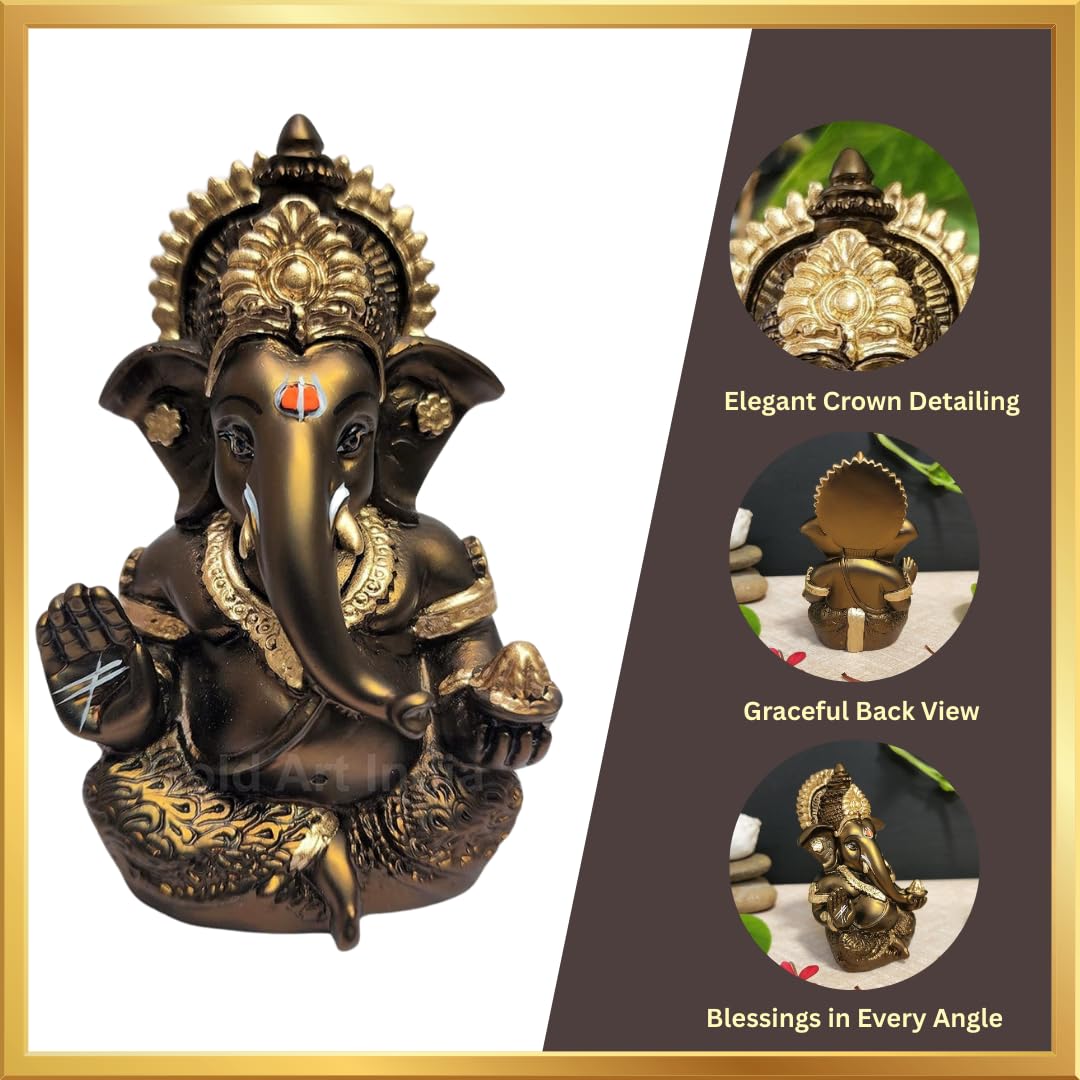 Gold Art India Handcrafted French Brown Mukut Ganesha Idol (3.5") - Perfect for Car Dashboard, Home or Office Decor and Gifting, Idol