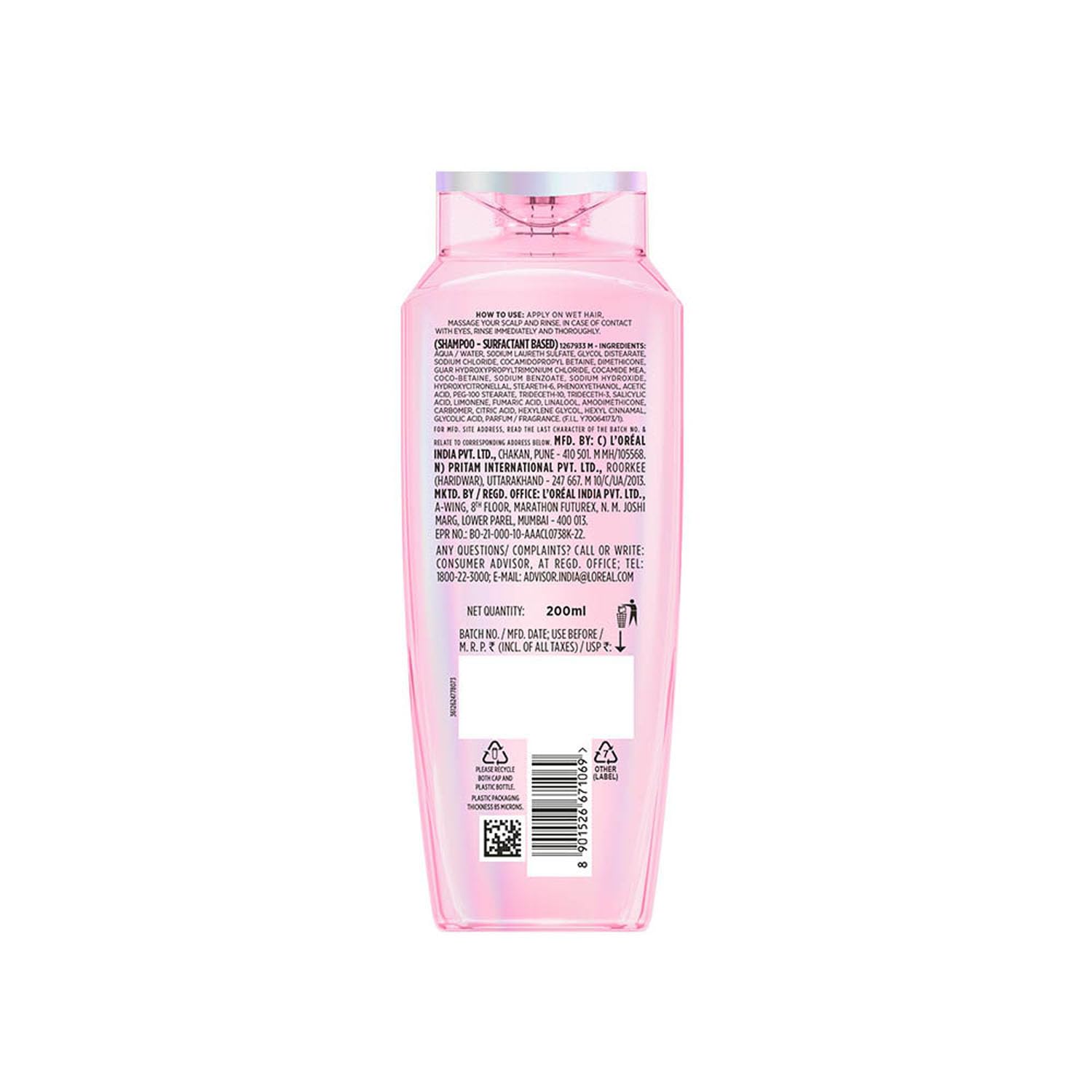 Back view of a pink shampoo bottle with text and a barcode on a white background