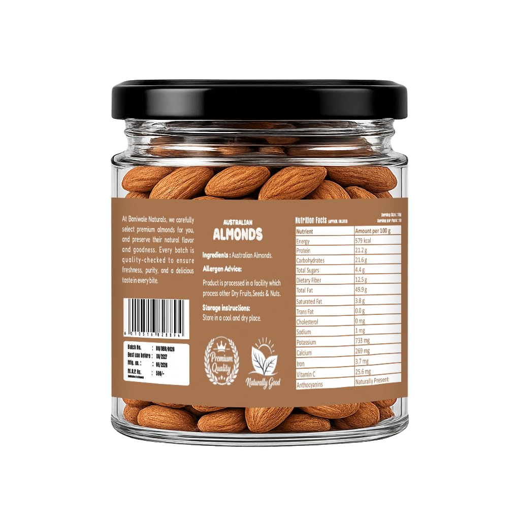 Baniwale Pure California Almonds/Badam Whole, 150g, Real Nuts, High in Fiber, Badam Giri, Rich in Protein, Magnesium, Phosphorus and Dietary Fibre, Nuts & Dry Fruits, Value Pack