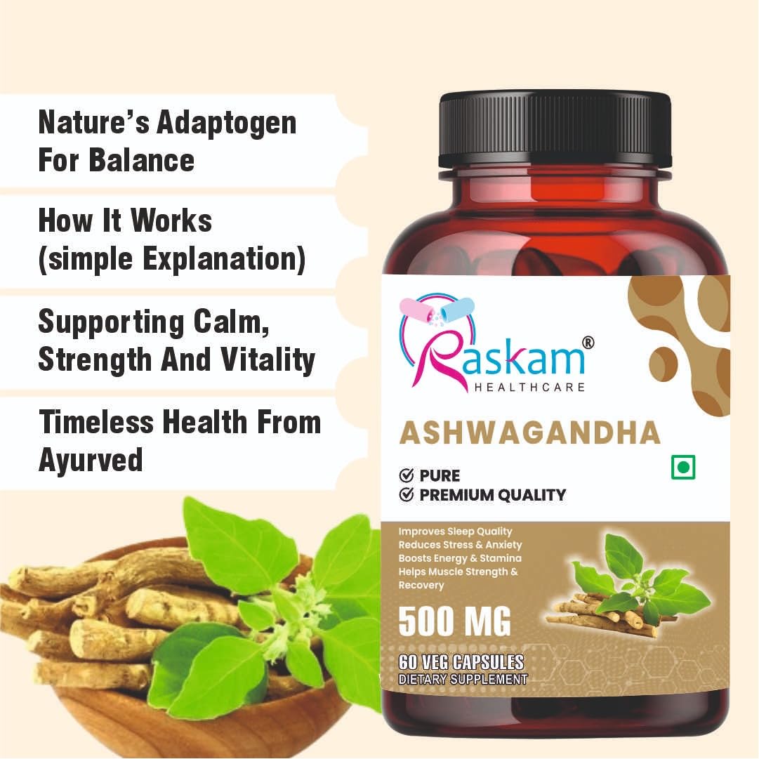 Ashwagandha 500 mg Capsules, 100 Veg. Capsules, Rejuvenates Body & Brain, Increases Energy, Strengthens Immune System, Reduces Stress & Anxiety