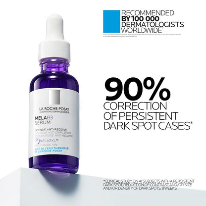 La Roche-Posay Mela3 Serum bottle with text about dermatologist recommendations and dark spot correction.