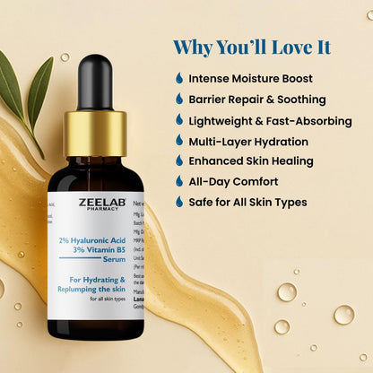 Zeelab serum bottle with dropper on a beige background with product features listed.