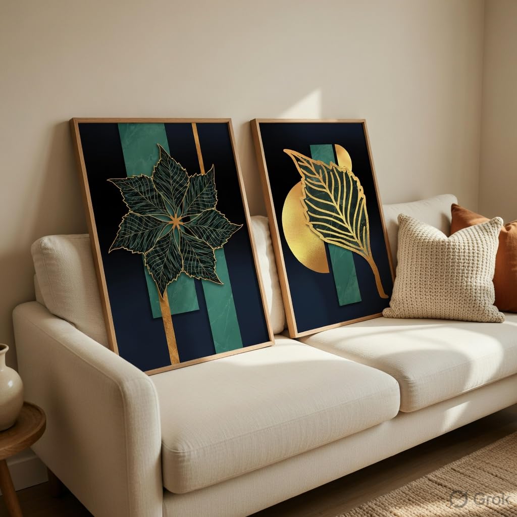 Golden Leaf Wall Painting Set of 2 with Wooden Frames | Modern Botanical Leaf Artwork HD Sparkle Laminated MDF Wall Decor | Luxury Abstract Leaf Wall Art for Living Room
