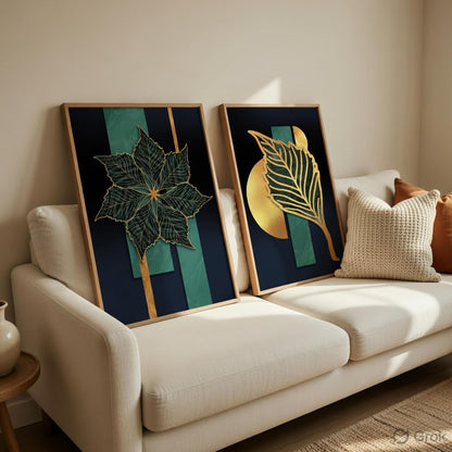 Golden Leaf Wall Painting Set of 2 with Wooden Frames | Modern Botanical Leaf Artwork HD Sparkle Laminated MDF Wall Decor | Luxury Abstract Leaf Wall Art for Living Room