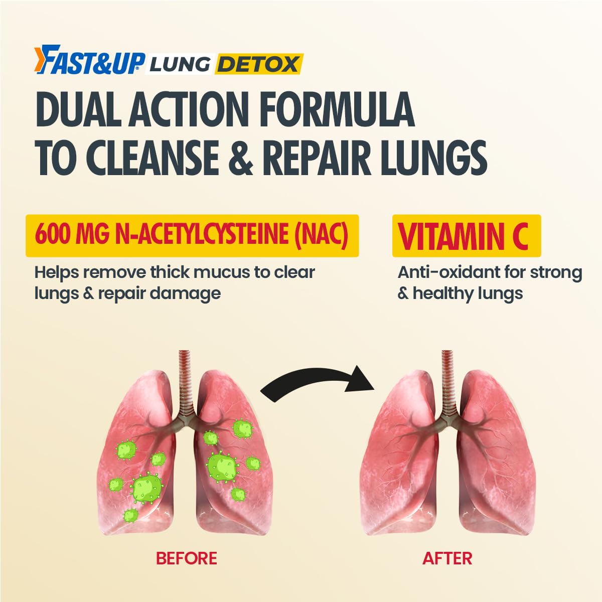 FAST&UP Detox Lung N-Acetylcysteine 600mg + Vitamin C - Lung Protective Supplement, 10 Tablets – Respiratory & Lung Health - Strawberry Flavour