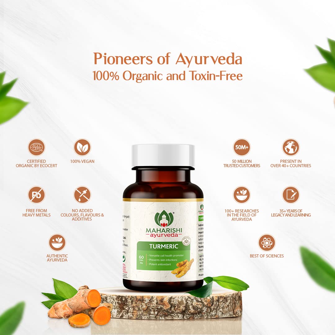 Zephivo Maharishi Ayurveda 100% OrganicTurmeric Capsules 500 MG |Boosts Immunity | Joint Support | Anti-Inflammatory | Supports Skin Health | 60 Capsules
