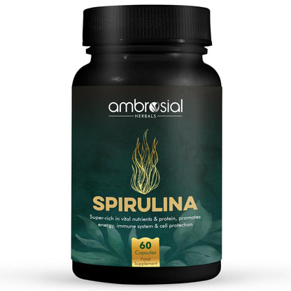 Black bottle of ambrosial Herbals Spirulina supplement on a white background