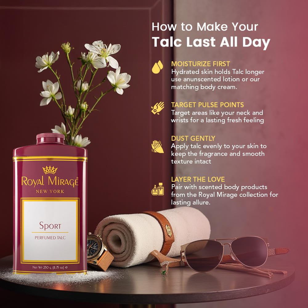 Royal Mirage Sport Deodorizing Talc | Silky Soft & Fresh Skin | Floral & Woody Notes | All-Day Refreshing Comfort | Ideal Post-Gym Talc | Energizing Scent | Unisex Powder | 250g