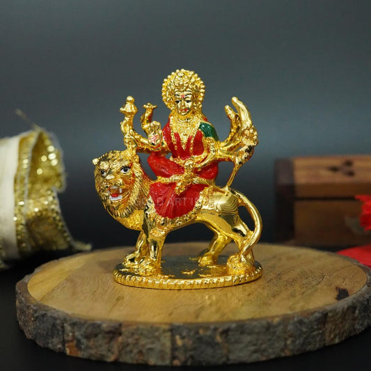 Gold Art India Gold Plated Ambe MATA Idol – 3.6 Inch Goddess Durga Murti with Red & Green Attire on Lion | Poly-Resin Statue for Home Mandir, Office Desk & Gifting