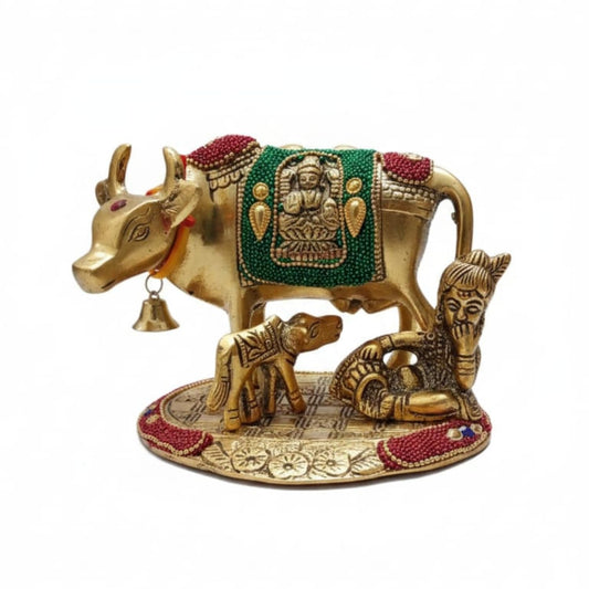 Kalakriti Kamdhenu Cow and Calf Idol with Laddu Gopal| Gold Plated Decorative Statue for Home Temple | Religious Showpiece for Pooja Room |Traditional Hindu Spiritual Decor Gift (15x13x13 cm)