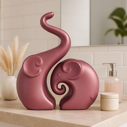 Lavish Rose Gold Home Decor Elephant Couple | Ceramic Figurines | Launched for The First time in India (Set of 2, Rose Gold Matte)