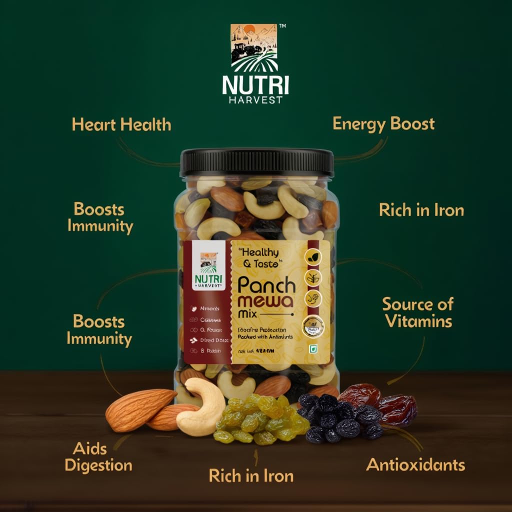 NUTRI HARVEST Premium Dry Fruits Mix pack (Panch mewa), Natural Blend of Almonds, Cashews,Black and green Raisins and diced Dates| Fit for Fasting 450 gram| (Re-sealable pack for freshness)