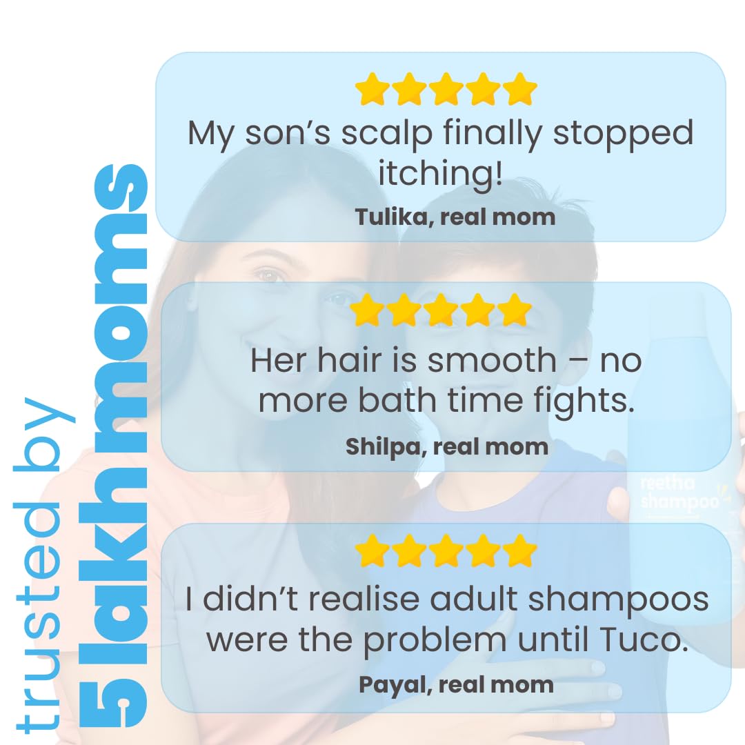 Product review card with customer testimonials on a blue background