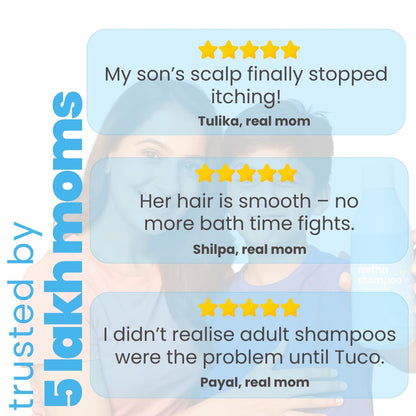 Product review card with customer testimonials on a blue background