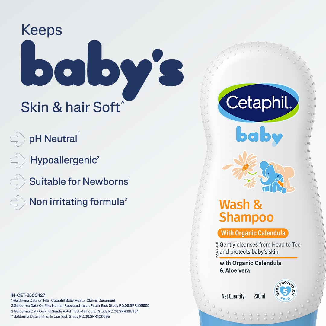 Cetaphil Baby Wash & Shampoo with Organic Calendula 230 ml | Gentle Daily Cleanser for Newborns & Babies | Hypoallergenic, Dermatologist Tested, Paraben-Free