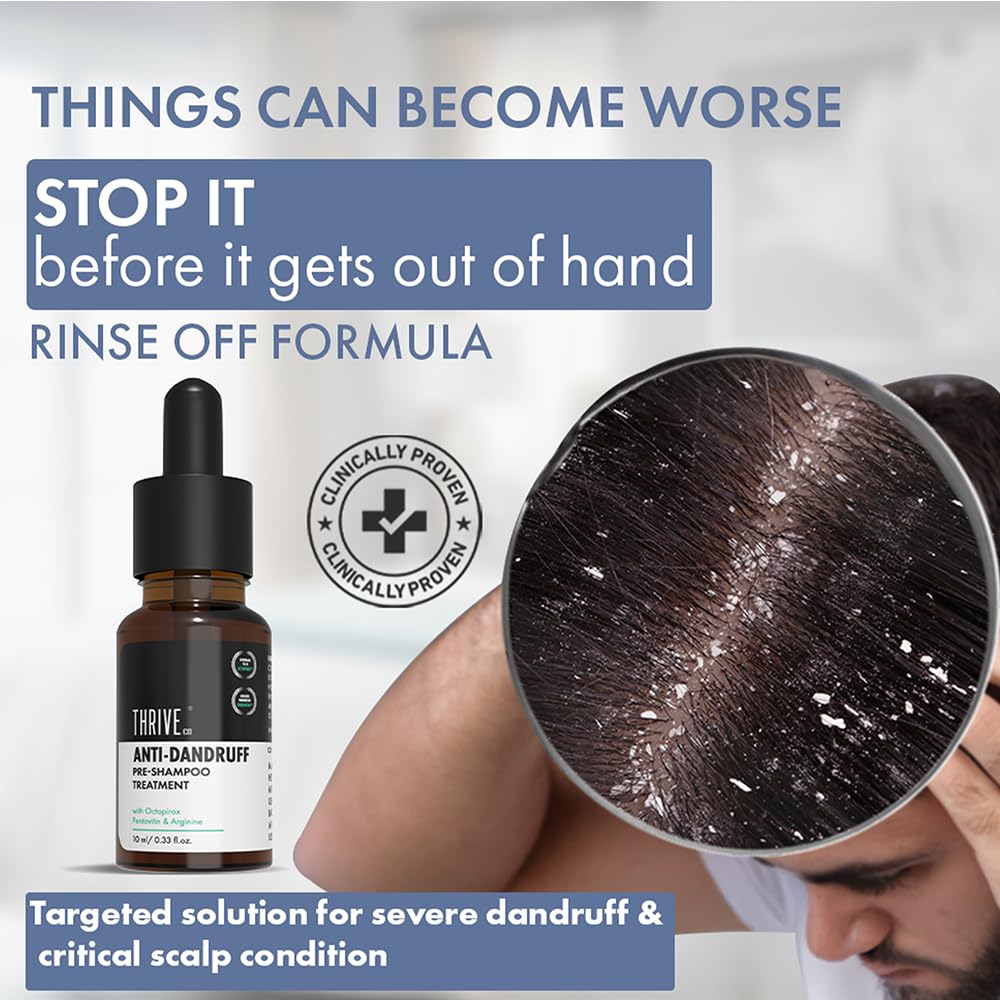 Anti-dandruff product with a bottle and a close-up of dandruff on scalp, text about rinse-off formula.