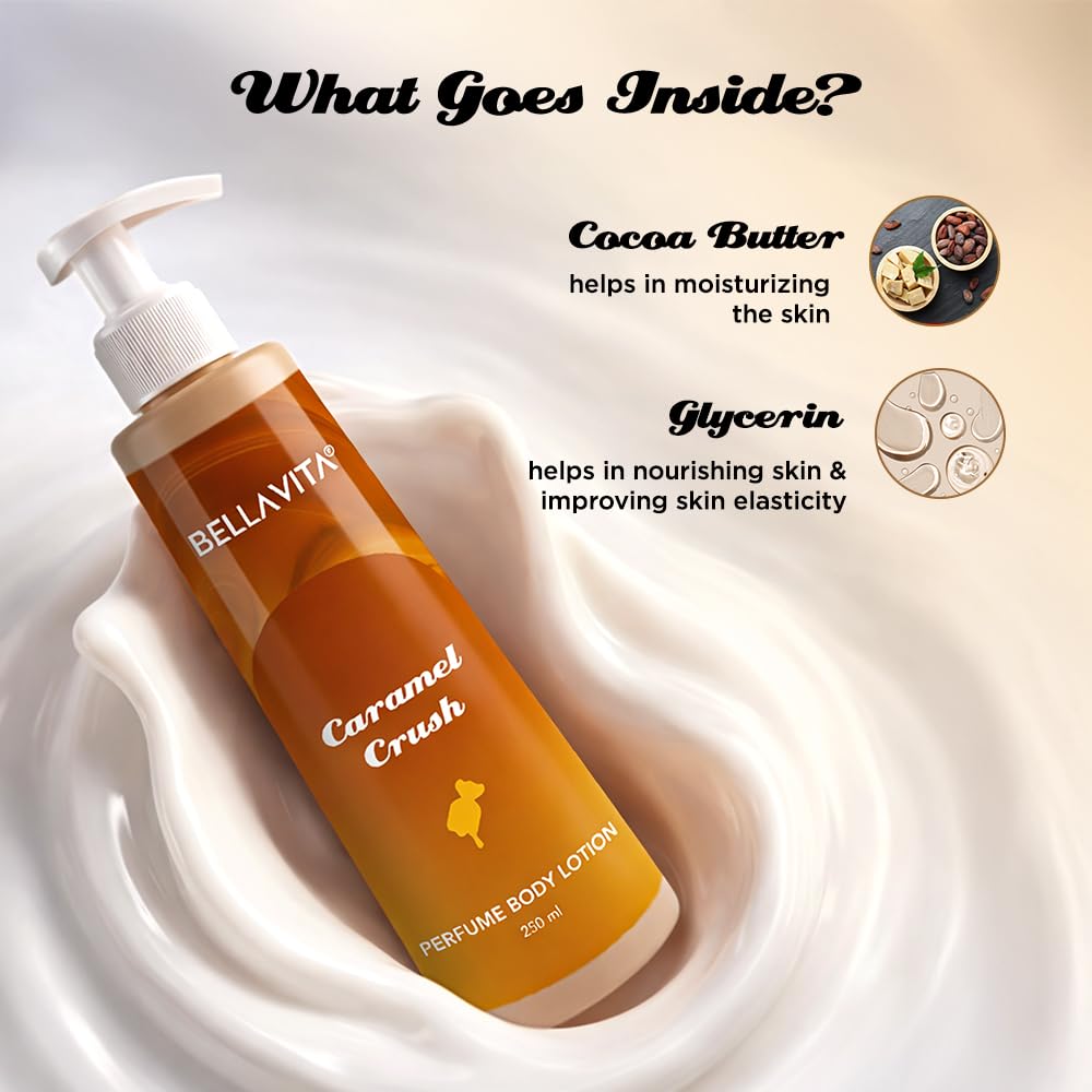 Bellavita Caramel Crush perfume body lotion with ingredients highlighted on a beige background