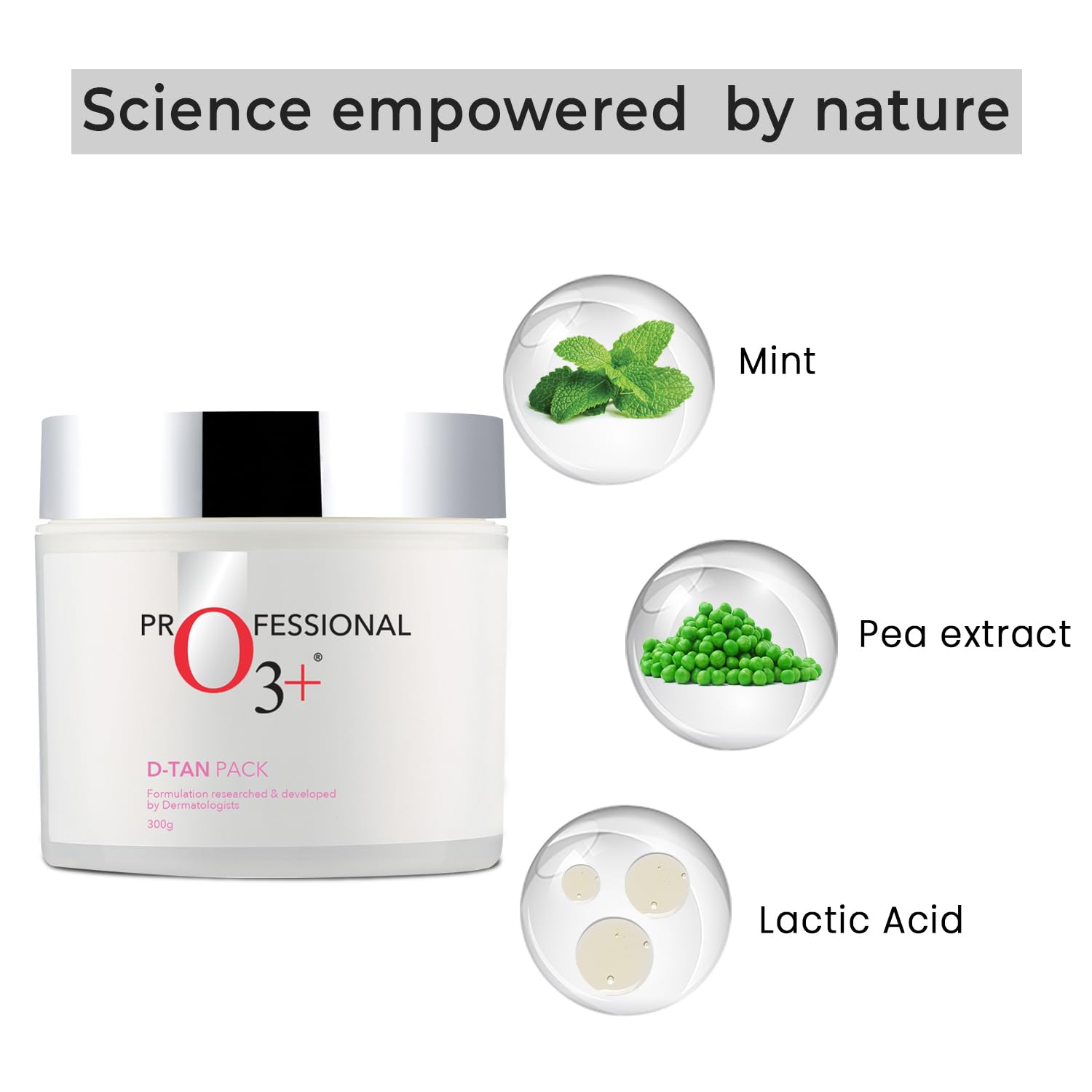Skincare product with ingredients labeled as mint, pea extract, and lactic acid on a white background.