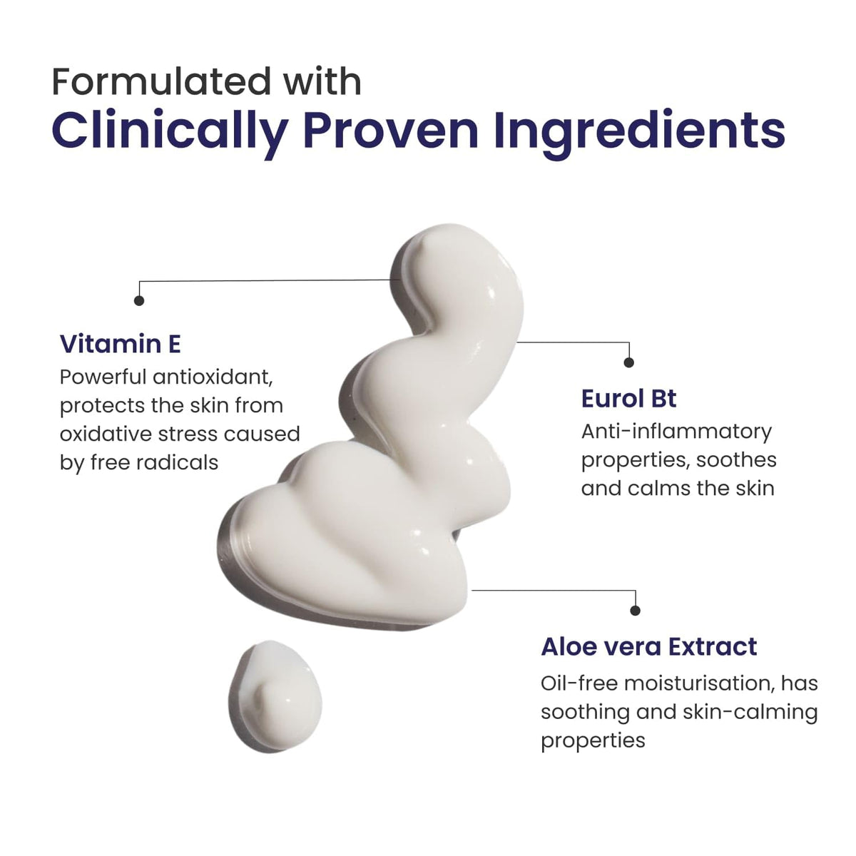 Product with labeled ingredients including Vitamin E, Eurol Bt, and Aloe vera Extract on a white background.