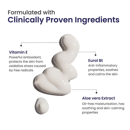 Product with labeled ingredients including Vitamin E, Eurol Bt, and Aloe vera Extract on a white background.