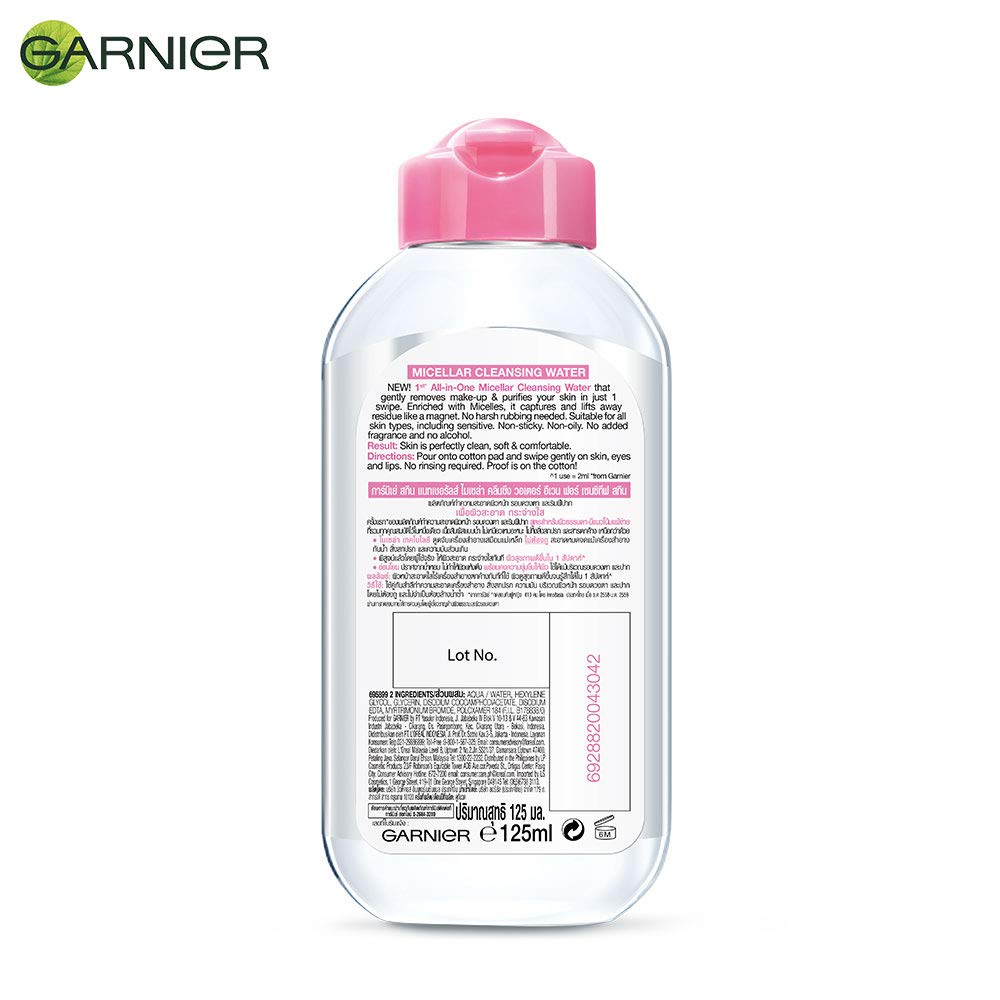 Garnier micellar water bottle with pink cap on a white background