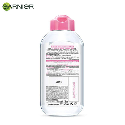 Garnier micellar water bottle with pink cap on a white background