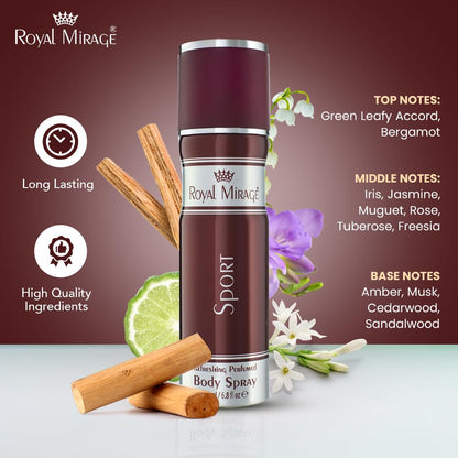Royal Mirage Sport body spray with ingredients and notes displayed on a gradient background