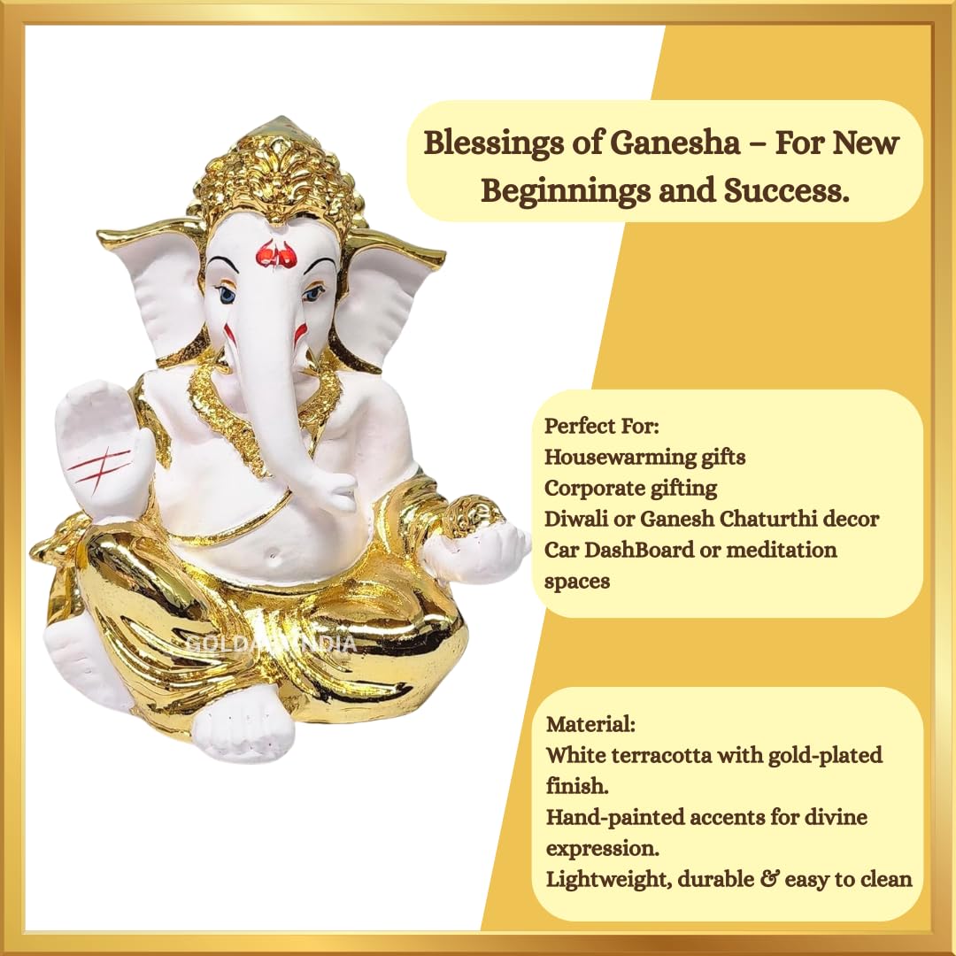 Gold Art India Gold Plated Gaddi Ganesha for Car Dashboard Home Decor Gifting Diwali Birthday Festivals (GAADDIGOLDWHITE)