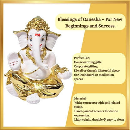 Gold Art India Gold Plated Gaddi Ganesha for Car Dashboard Home Decor Gifting Diwali Birthday Festivals (GAADDIGOLDWHITE)