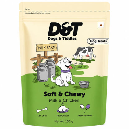 Dogs & Tiddles Milk & Real Chicken Dog Treats for Puppies & Adult Dogs, 100g | Soft & Chewy Puppy Treats | Easily Digestible and Healthy| Tasty Training Treats and Dog Snacks