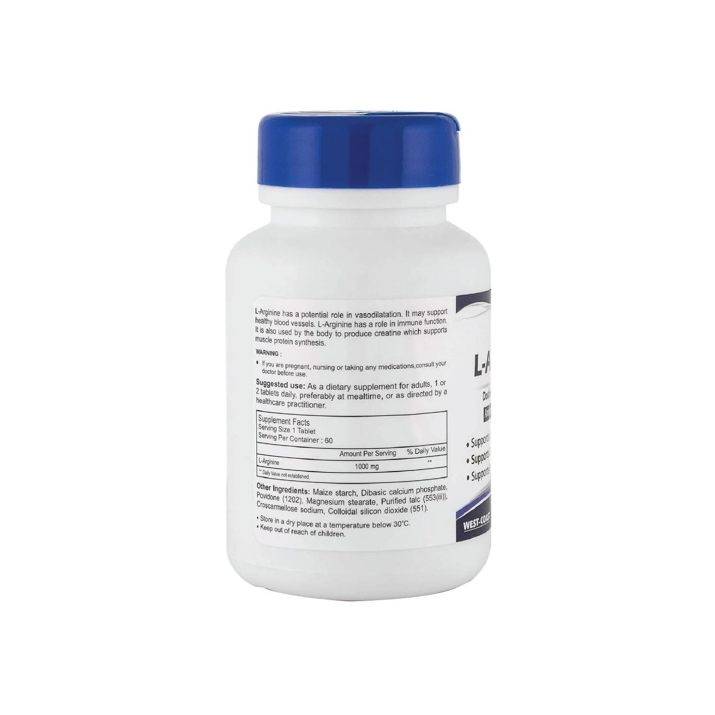 Supplement bottle with blue cap and label on a white background