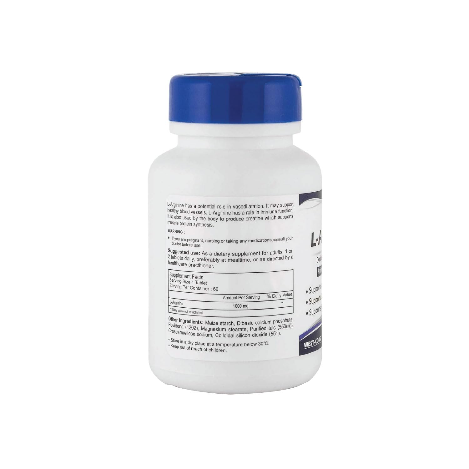 Supplement bottle with blue cap and label on a white background