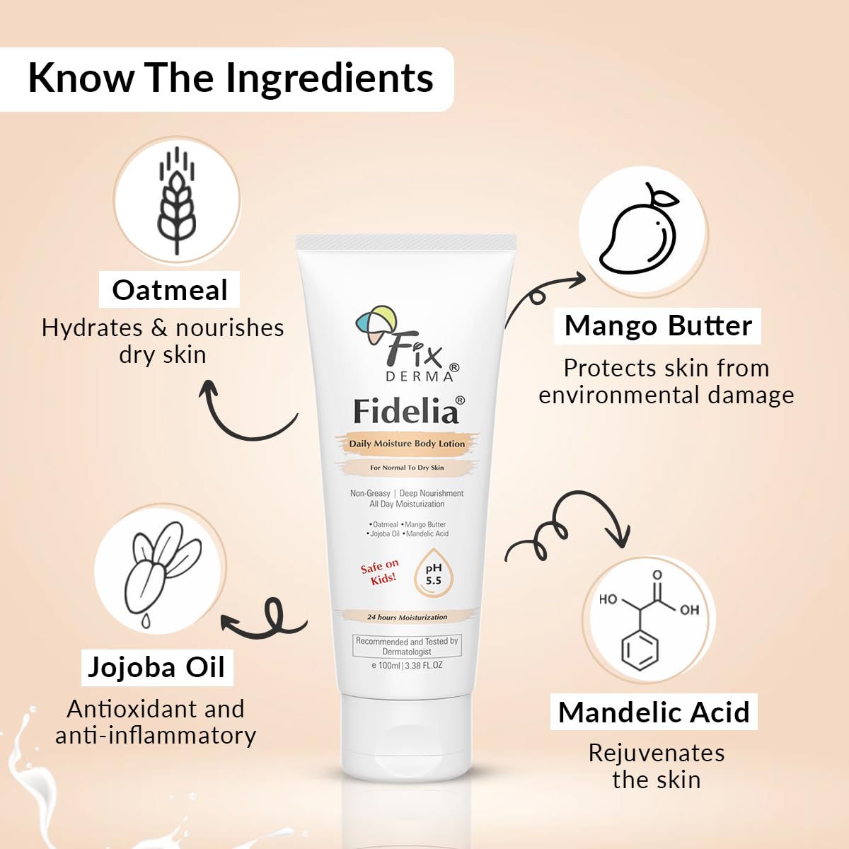 Fixderma Fidelia Daily Moisture Body Lotion | Moisturizer for Face & Body | Body Lotion for Winter | Body Lotion for Women & Men | Body Lotion for Dry Skin with Jojoba Oil & Oatmeal - 100ml
