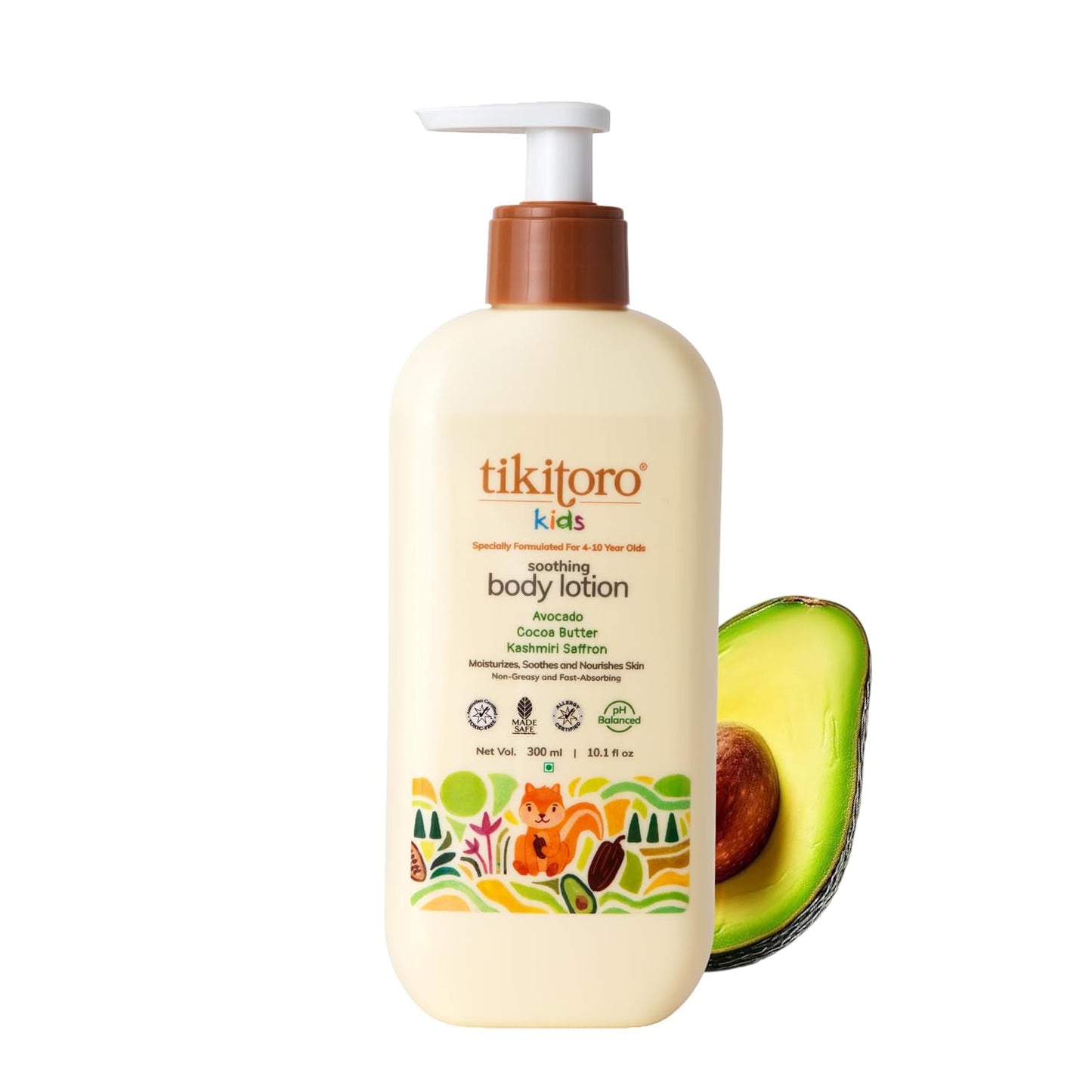 Tikitoro Kids Soothing Body Lotion | Pediatrician Approved | Moisturizes, Soothes & Nourishes Skin |100% Vegan with Avocado, Cocoa Butter, Kashmiri Saffron Extract |Daily Use (Age: 4+ Years) (300 x 1)