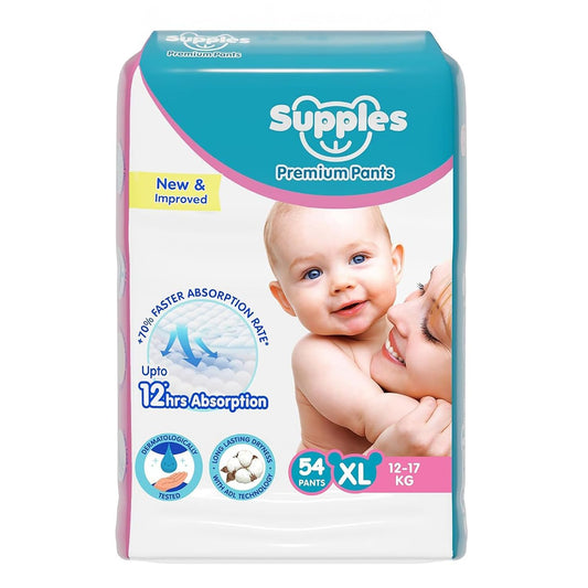 Supples Premium Baby Diaper Pants | 54 Baby Diapers | XL | 12-17 Kg | 12 Hrs Absorption | Cushiony Cotton Soft Fabric | Phthalates-Free | Triple Leak Guard