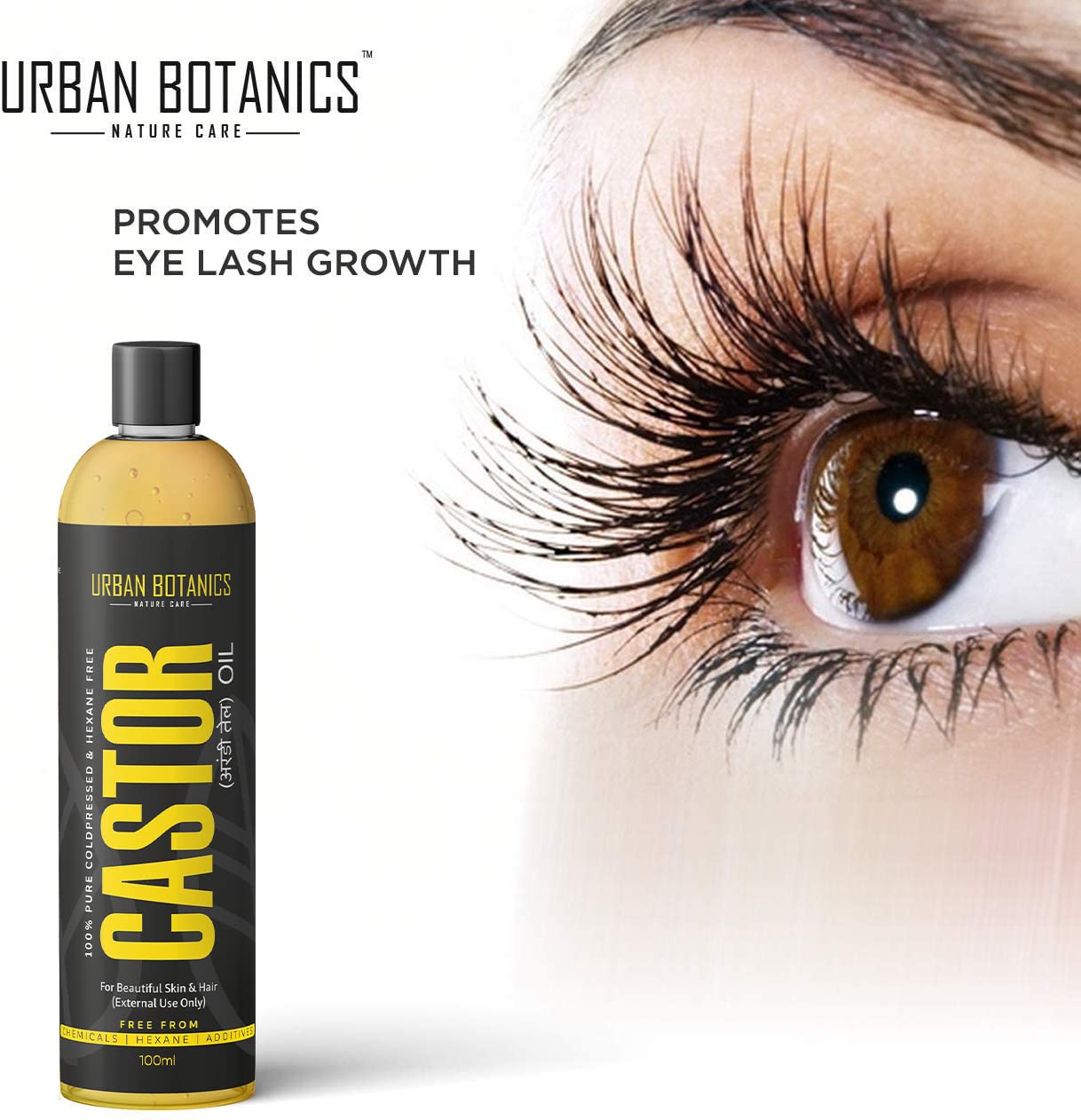 Urban Botanics Castor Oil bottle with close-up of an eye with long lashes on a white background