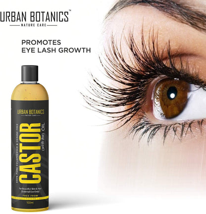 Urban Botanics Castor Oil bottle with close-up of an eye with long lashes on a white background