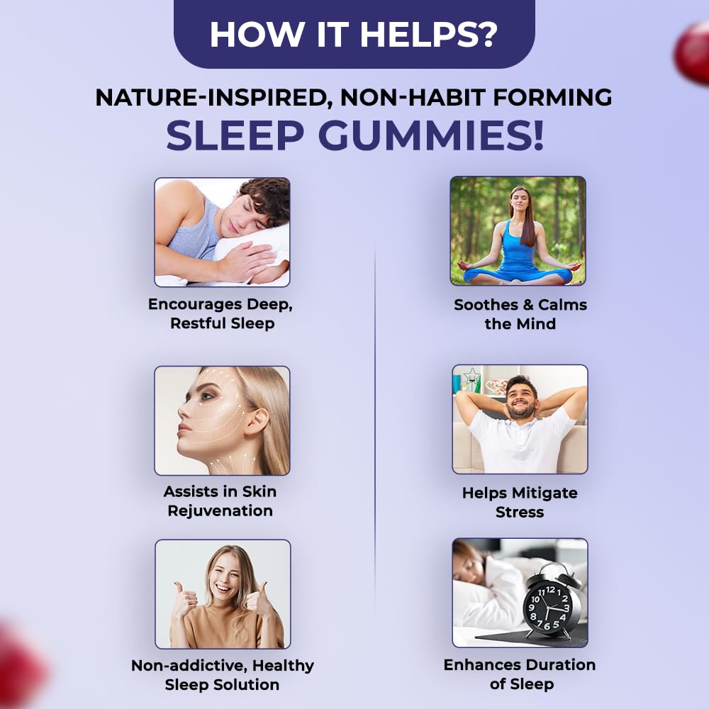 Advertisement for sleep gummies highlighting benefits on a light purple background.