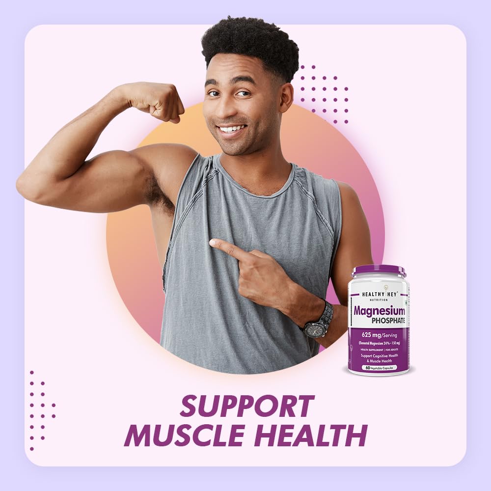 Man flexing muscles with a supplement bottle labeled 'Magnesium Phosphate' on a gradient background